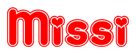 The image is a red and white graphic with the word Missi written in a decorative script. Each letter in  is contained within its own outlined bubble-like shape. Inside each letter, there is a white heart symbol.