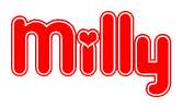 The image is a red and white graphic with the word Milly written in a decorative script. Each letter in  is contained within its own outlined bubble-like shape. Inside each letter, there is a white heart symbol.