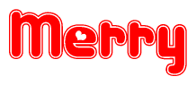 The image is a red and white graphic with the word Merry written in a decorative script. Each letter in  is contained within its own outlined bubble-like shape. Inside each letter, there is a white heart symbol.