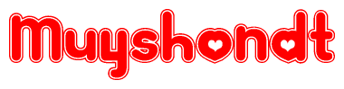 The image displays the word Muyshondt written in a stylized red font with hearts inside the letters.
