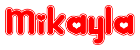 The image is a clipart featuring the word Mikayla written in a stylized font with a heart shape replacing inserted into the center of each letter. The color scheme of the text and hearts is red with a light outline.
