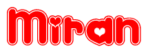 The image is a red and white graphic with the word Miran written in a decorative script. Each letter in  is contained within its own outlined bubble-like shape. Inside each letter, there is a white heart symbol.