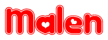 The image is a red and white graphic with the word Malen written in a decorative script. Each letter in  is contained within its own outlined bubble-like shape. Inside each letter, there is a white heart symbol.