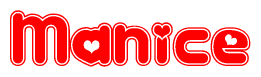 The image is a clipart featuring the word Manice written in a stylized font with a heart shape replacing inserted into the center of each letter. The color scheme of the text and hearts is red with a light outline.