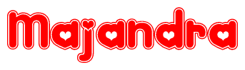 The image is a red and white graphic with the word Majandra written in a decorative script. Each letter in  is contained within its own outlined bubble-like shape. Inside each letter, there is a white heart symbol.