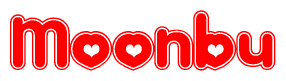The image is a red and white graphic with the word Moonbu written in a decorative script. Each letter in  is contained within its own outlined bubble-like shape. Inside each letter, there is a white heart symbol.