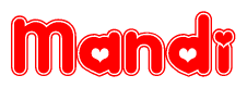   The image is a red and white graphic with the word Mandi written in a decorative script. Each letter in  is contained within its own outlined bubble-like shape. Inside each letter, there is a white heart symbol. 
