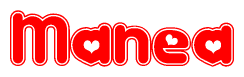 The image displays the word Manea written in a stylized red font with hearts inside the letters.