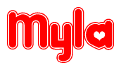 The image is a clipart featuring the word Myla written in a stylized font with a heart shape replacing inserted into the center of each letter. The color scheme of the text and hearts is red with a light outline.