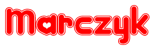The image is a red and white graphic with the word Marczyk written in a decorative script. Each letter in  is contained within its own outlined bubble-like shape. Inside each letter, there is a white heart symbol.