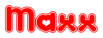 The image is a clipart featuring the word Maxx written in a stylized font with a heart shape replacing inserted into the center of each letter. The color scheme of the text and hearts is red with a light outline.
