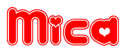 The image is a red and white graphic with the word Mica written in a decorative script. Each letter in  is contained within its own outlined bubble-like shape. Inside each letter, there is a white heart symbol.
