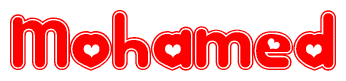 The image is a red and white graphic with the word Mohamed written in a decorative script. Each letter in  is contained within its own outlined bubble-like shape. Inside each letter, there is a white heart symbol.