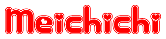 The image is a clipart featuring the word Meichichi written in a stylized font with a heart shape replacing inserted into the center of each letter. The color scheme of the text and hearts is red with a light outline.