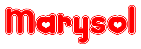 The image is a red and white graphic with the word Marysol written in a decorative script. Each letter in  is contained within its own outlined bubble-like shape. Inside each letter, there is a white heart symbol.