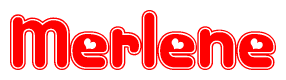 The image is a red and white graphic with the word Merlene written in a decorative script. Each letter in  is contained within its own outlined bubble-like shape. Inside each letter, there is a white heart symbol.