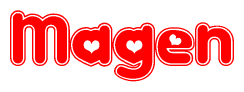 The image displays the word Magen written in a stylized red font with hearts inside the letters.
