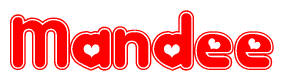 The image is a red and white graphic with the word Mandee written in a decorative script. Each letter in  is contained within its own outlined bubble-like shape. Inside each letter, there is a white heart symbol.