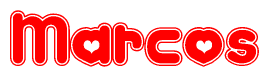 The image is a red and white graphic with the word Marcos written in a decorative script. Each letter in  is contained within its own outlined bubble-like shape. Inside each letter, there is a white heart symbol.
