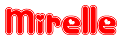 The image is a red and white graphic with the word Mirelle written in a decorative script. Each letter in  is contained within its own outlined bubble-like shape. Inside each letter, there is a white heart symbol.