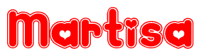 The image is a clipart featuring the word Martisa written in a stylized font with a heart shape replacing inserted into the center of each letter. The color scheme of the text and hearts is red with a light outline.