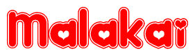 The image is a clipart featuring the word Malakai written in a stylized font with a heart shape replacing inserted into the center of each letter. The color scheme of the text and hearts is red with a light outline.