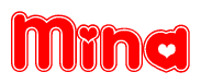 The image is a red and white graphic with the word Mina written in a decorative script. Each letter in  is contained within its own outlined bubble-like shape. Inside each letter, there is a white heart symbol.