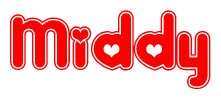 The image is a clipart featuring the word Middy written in a stylized font with a heart shape replacing inserted into the center of each letter. The color scheme of the text and hearts is red with a light outline.