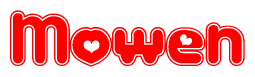 The image is a clipart featuring the word Mowen written in a stylized font with a heart shape replacing inserted into the center of each letter. The color scheme of the text and hearts is red with a light outline.