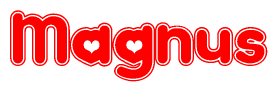 The image is a clipart featuring the word Magnus written in a stylized font with a heart shape replacing inserted into the center of each letter. The color scheme of the text and hearts is red with a light outline.
