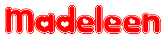 The image is a red and white graphic with the word Madeleen written in a decorative script. Each letter in  is contained within its own outlined bubble-like shape. Inside each letter, there is a white heart symbol.