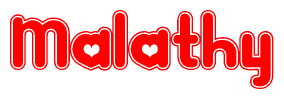 The image displays the word Malathy written in a stylized red font with hearts inside the letters.