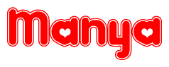 The image is a clipart featuring the word Manya written in a stylized font with a heart shape replacing inserted into the center of each letter. The color scheme of the text and hearts is red with a light outline.