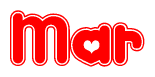 The image is a red and white graphic with the word Mar written in a decorative script. Each letter in  is contained within its own outlined bubble-like shape. Inside each letter, there is a white heart symbol.