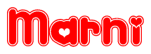 The image is a clipart featuring the word Marni written in a stylized font with a heart shape replacing inserted into the center of each letter. The color scheme of the text and hearts is red with a light outline.