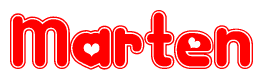 The image is a clipart featuring the word Marten written in a stylized font with a heart shape replacing inserted into the center of each letter. The color scheme of the text and hearts is red with a light outline.