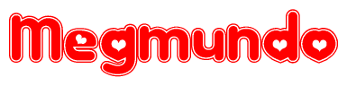 The image displays the word Megmundo written in a stylized red font with hearts inside the letters.