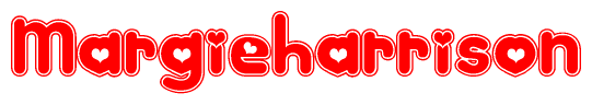 The image is a red and white graphic with the word Margieharrison written in a decorative script. Each letter in  is contained within its own outlined bubble-like shape. Inside each letter, there is a white heart symbol.