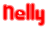 The image is a red and white graphic with the word Nelly written in a decorative script. Each letter in  is contained within its own outlined bubble-like shape. Inside each letter, there is a white heart symbol.