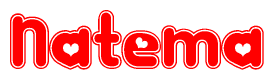 The image is a clipart featuring the word Natema written in a stylized font with a heart shape replacing inserted into the center of each letter. The color scheme of the text and hearts is red with a light outline.
