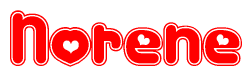 The image is a clipart featuring the word Norene written in a stylized font with a heart shape replacing inserted into the center of each letter. The color scheme of the text and hearts is red with a light outline.