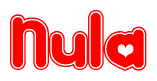 The image is a red and white graphic with the word Nula written in a decorative script. Each letter in  is contained within its own outlined bubble-like shape. Inside each letter, there is a white heart symbol.