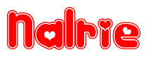 The image is a red and white graphic with the word Nalrie written in a decorative script. Each letter in  is contained within its own outlined bubble-like shape. Inside each letter, there is a white heart symbol.