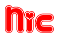The image is a red and white graphic with the word Nic written in a decorative script. Each letter in  is contained within its own outlined bubble-like shape. Inside each letter, there is a white heart symbol.