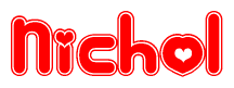 The image is a clipart featuring the word Nichol written in a stylized font with a heart shape replacing inserted into the center of each letter. The color scheme of the text and hearts is red with a light outline.
