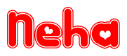 The image is a red and white graphic with the word Neha written in a decorative script. Each letter in  is contained within its own outlined bubble-like shape. Inside each letter, there is a white heart symbol.