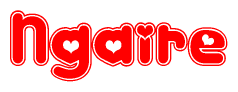 The image is a red and white graphic with the word Ngaire written in a decorative script. Each letter in  is contained within its own outlined bubble-like shape. Inside each letter, there is a white heart symbol.