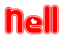 The image is a red and white graphic with the word Nell written in a decorative script. Each letter in  is contained within its own outlined bubble-like shape. Inside each letter, there is a white heart symbol.