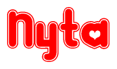 The image is a red and white graphic with the word Nyta written in a decorative script. Each letter in  is contained within its own outlined bubble-like shape. Inside each letter, there is a white heart symbol.