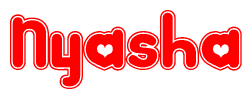 The image is a red and white graphic with the word Nyasha written in a decorative script. Each letter in  is contained within its own outlined bubble-like shape. Inside each letter, there is a white heart symbol.